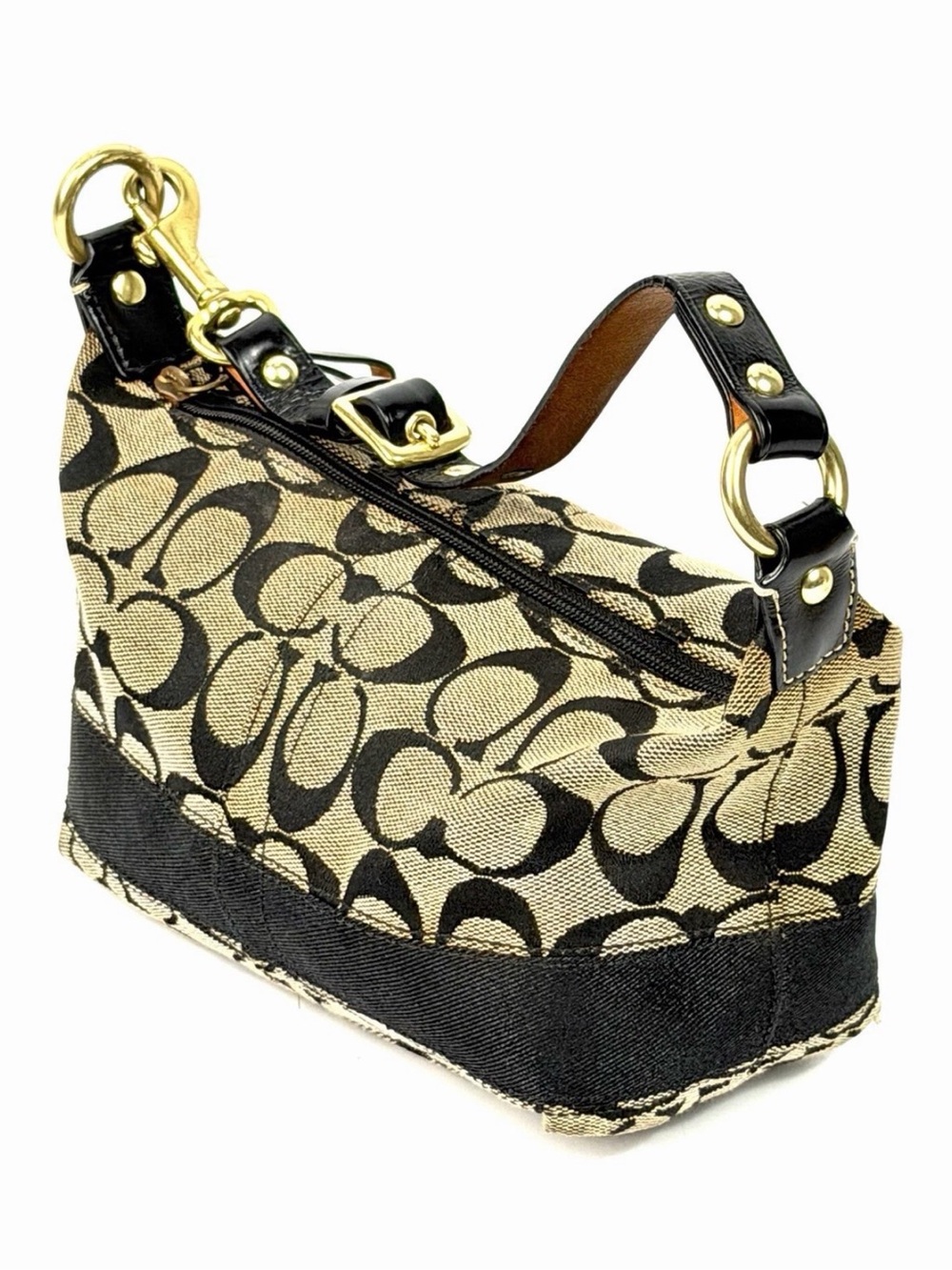 Coach Small Signature Shoulder Bag in Black & Tan with Gold Hardware